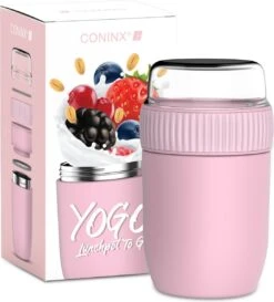 Coninx Thermos Lunchbox - Muesli Beker To Go - Isoleer Lunchpot - Yoghurtbeker To Go - Mueslibeker 840ml (600ml+240ml) - RVS / Roze -Mepal Promos Winkel 1086x1200 1