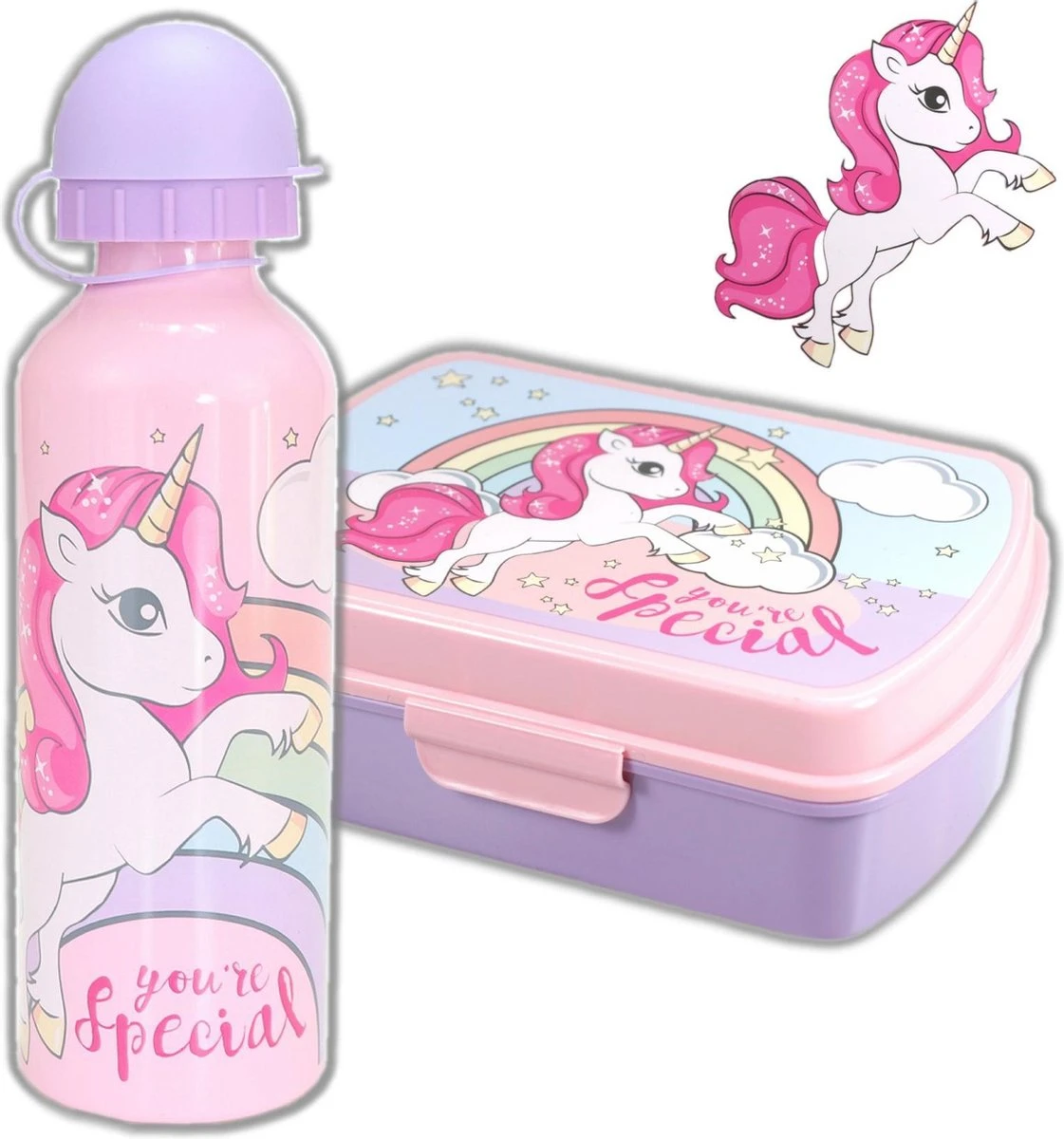 Broodtrommel + Drinkfles Unicorn | Lunchbox Voor Kinderen | Eenhoorn Roze LS03a 1 Broodtrommel + Drinkfles Unicorn | Lunchbox Voor Kinderen | Eenhoorn Roze LS03a