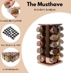 Pazzo Goods - Kruidenrek Staand - Kruidenrek Met Potjes - Rose Goud - RVS - Kruidenrek Draaibaar - 20 Kruidenpotjes - Inclusief Stickers & Stift - Kruiden Carrousel -Mepal Promos Winkel 1174x1200