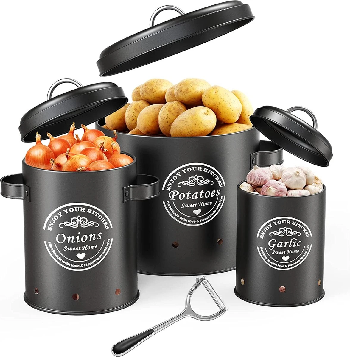Professionele Bewaardozen - Set Van 3 - Voor Aardappels, Uien En Knoflook - Retro Design - Voorraadcontainer Van Metaal - Keukenopslag - Groentes Bewaren Voor Lange Tijd - Perfect Cadeau Voor In De Keuken 1 Professionele Bewaardozen - Set Van 3 - Voor Aardappels, Uien En Knoflook - Retro Design - Voorraadcontainer Van Metaal - Keukenopslag - Groentes Bewaren Voor Lange Tijd - Perfect Cadeau Voor In De Keuken