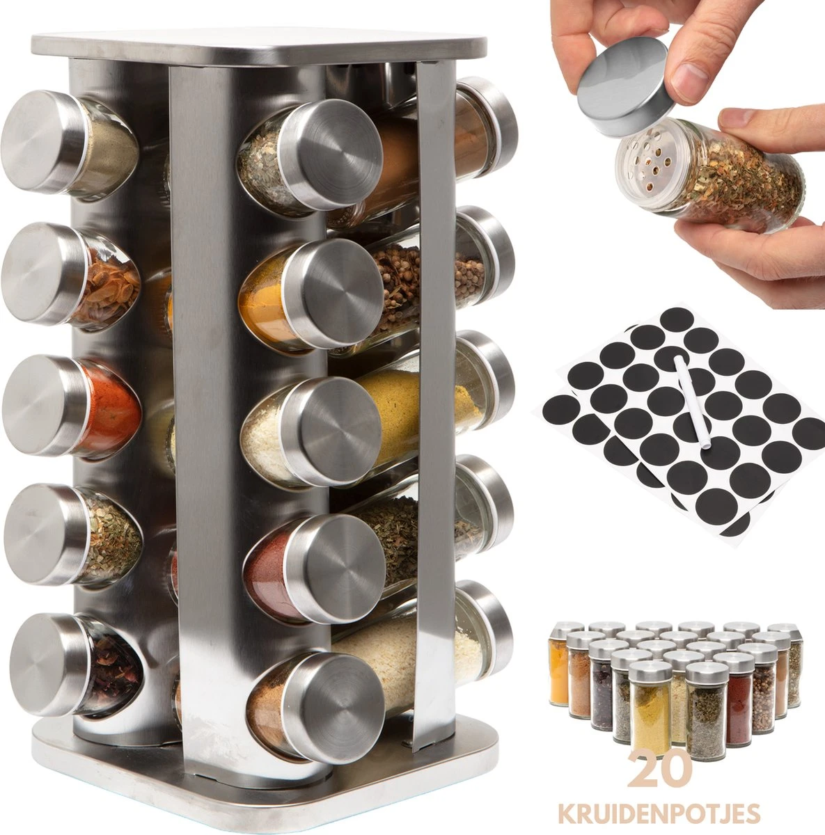 Pazzo Goods - Kruidenrek Staand - Kruidenrek Met Potjes - Zilver - RVS - Kruidenrek Draaibaar - 20 Kruidenpotjes - Inclusief Stickers & Stift - Kruiden Carrousel 1 Pazzo Goods - Kruidenrek Staand - Kruidenrek Met Potjes - Zilver - RVS - Kruidenrek Draaibaar - 20 Kruidenpotjes - Inclusief Stickers & Stift - Kruiden Carrousel