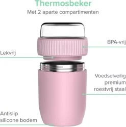 Coninx Thermos Lunchbox - Muesli Beker To Go - Isoleer Lunchpot - Yoghurtbeker To Go - Mueslibeker 840ml (600ml+240ml) - RVS / Roze -Mepal Promos Winkel 1195x1200