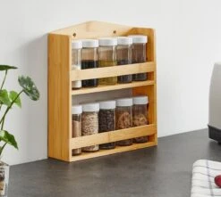 ACAZA Ophangbaar Kruidenrek Met 10 Glazen Kruidenpotjes, Spice Rack, Keuken Rek, Kruiden Organizer Voor Specerijen, Peper, Zout, 26 Cm Breed, Bamboe 8 ACAZA Ophangbaar Kruidenrek Met 10 Glazen Kruidenpotjes, Spice Rack, Keuken Rek, Kruiden Organizer Voor Specerijen, Peper, Zout, 26 Cm Breed, Bamboe -Mepal Promos Winkel 1200x1075