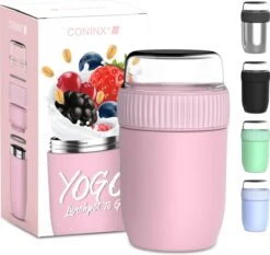 Coninx Thermos Lunchbox - Muesli Beker To Go - Isoleer Lunchpot - Yoghurtbeker To Go - Mueslibeker 840ml (600ml+240ml) - RVS / Roze