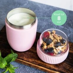 Coninx Thermos Lunchbox - Muesli Beker To Go - Isoleer Lunchpot - Yoghurtbeker To Go - Mueslibeker 840ml (600ml+240ml) - RVS / Roze -Mepal Promos Winkel 1200x1200