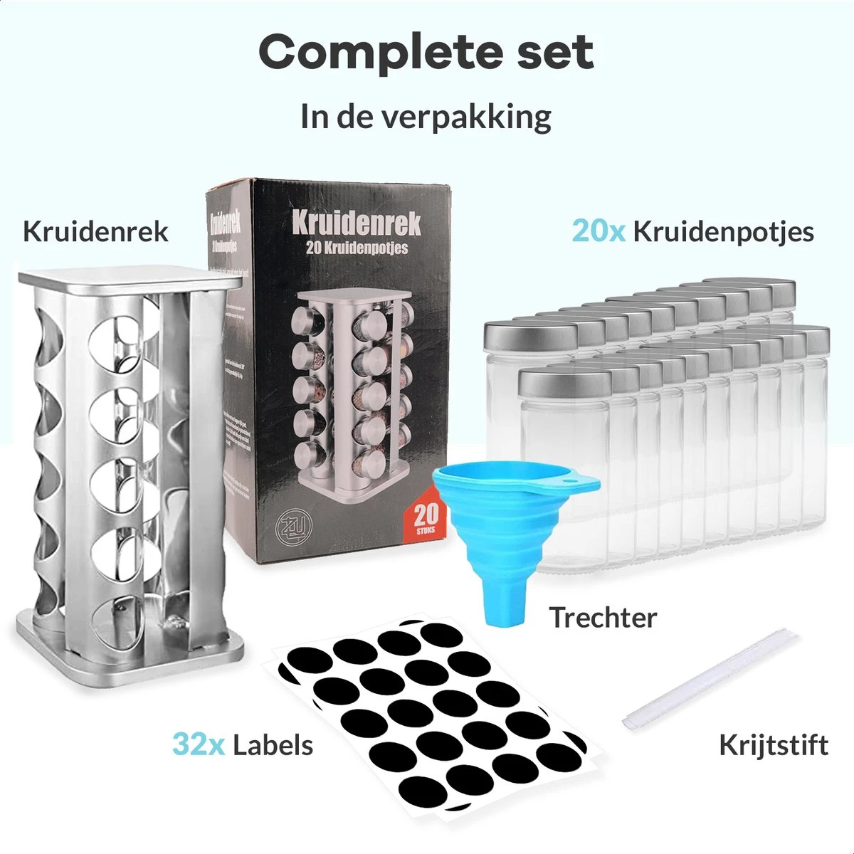 LuZana® Draaibaar Kruidenrek -RVS- Staand Met Potjes - 20 Kruidenpotjes Met Strooideksel – Incl. Labels, Krijtstift En Trechter 6 LuZana® Draaibaar Kruidenrek -RVS- Staand Met Potjes - 20 Kruidenpotjes Met Strooideksel – Incl. Labels, Krijtstift En Trechter - Afbeelding 6