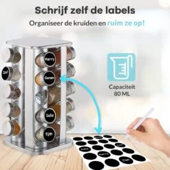 LuZana® Draaibaar Kruidenrek -RVS- Staand Met Potjes - 20 Kruidenpotjes Met Strooideksel – Incl. Labels, Krijtstift En Trechter 15 LuZana® Draaibaar Kruidenrek -RVS- Staand Met Potjes - 20 Kruidenpotjes Met Strooideksel – Incl. Labels, Krijtstift En Trechter -Mepal Promos Winkel 1200x1200 360