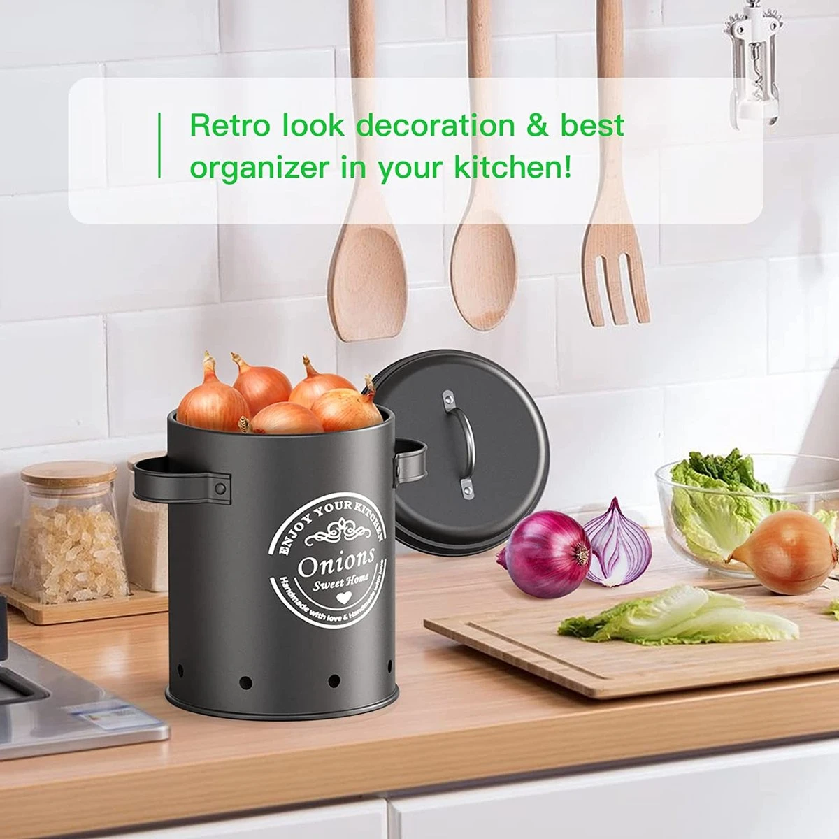 Professionele Bewaardozen - Set Van 3 - Voor Aardappels, Uien En Knoflook - Retro Design - Voorraadcontainer Van Metaal - Keukenopslag - Groentes Bewaren Voor Lange Tijd - Perfect Cadeau Voor In De Keuken 3 Professionele Bewaardozen - Set Van 3 - Voor Aardappels, Uien En Knoflook - Retro Design - Voorraadcontainer Van Metaal - Keukenopslag - Groentes Bewaren Voor Lange Tijd - Perfect Cadeau Voor In De Keuken - Afbeelding 3