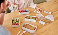 Homra Lunchbox STAQS Grey - Bento Box - 2 Laags Broodtrommel - 3 Compartimenten - Grijs - Lunch To Go - Duurzaam Kunststof - BPA Vrij - 3 Vaks Lunchtrommel Voor Volwassenen - Inclusief Bestek - Magnetron, Diepvries, Vaatwasser Bestendig - Vers Houden -Mepal Promos Winkel 1200x720 17