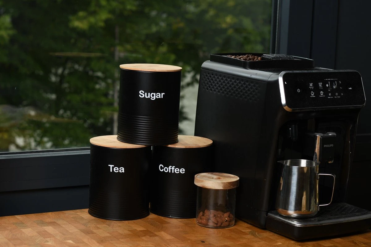 Bewaarblik - Voorraadpotten - Suikerpot - 3 Stuks - Voorraadblik - Deksel Bamboe - Luchtdict Voorraadbussen Potten - Koffie Thee Suiker - Zwart 2 Bewaarblik - Voorraadpotten - Suikerpot - 3 Stuks - Voorraadblik - Deksel Bamboe - Luchtdict Voorraadbussen Potten - Koffie Thee Suiker - Zwart - Afbeelding 2