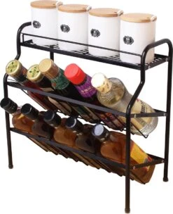 Zindoo Kruidenrek Zwart 3-laags Staand - Specerijen Rek - Kruiden Rek - Duurzaam RVS - Anti Slip Onderzijde - Specerijenstandaard – Keukenorganizer - Spice Rack - Kitchen Rack - Spice Organizer Keukenaccessoire - ZIN-SR05