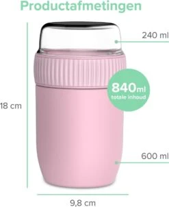 Coninx Thermos Lunchbox - Muesli Beker To Go - Isoleer Lunchpot - Yoghurtbeker To Go - Mueslibeker 840ml (600ml+240ml) - RVS / Roze -Mepal Promos Winkel 981x1200