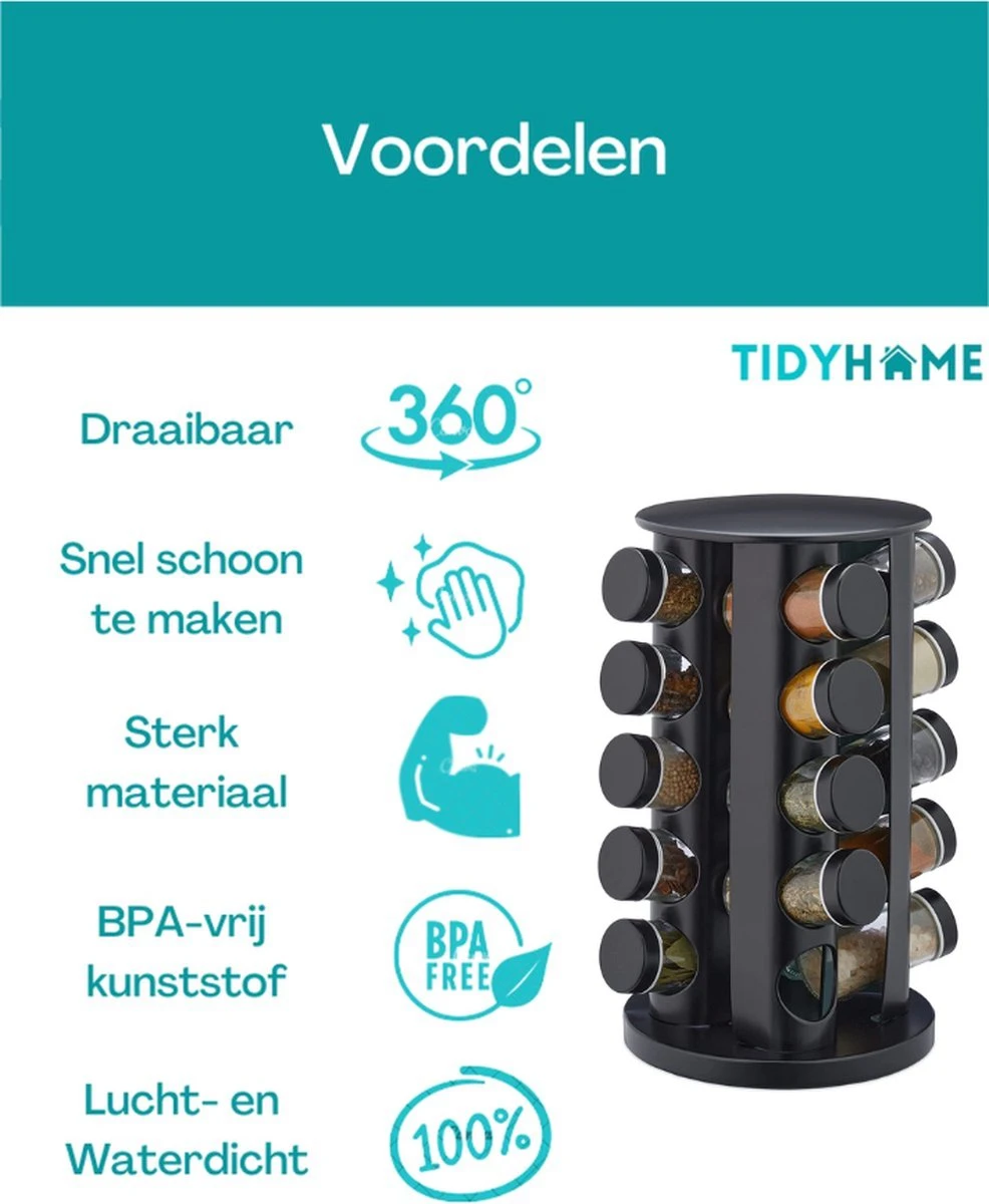 TidyHome Kruidenrek Draaibaar - Kruidenpotjes - Kruiden Carrousel - 20 Kruidenpotjes - Zwart - RVS - Draaibaar - Aanrecht Organizer - Inclusief Labels, Pen En Trechter - Keuken Organizer 6 TidyHome Kruidenrek Draaibaar - Kruidenpotjes - Kruiden Carrousel - 20 Kruidenpotjes - Zwart - RVS - Draaibaar - Aanrecht Organizer - Inclusief Labels, Pen En Trechter - Keuken Organizer - Afbeelding 6
